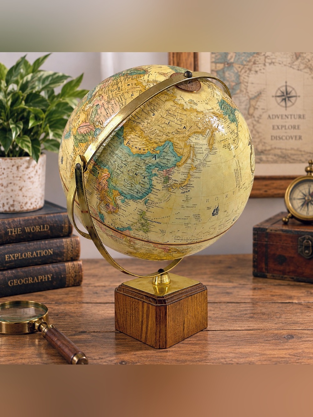 Vintage Replogle 12" World Classic Globe USA Brass Tone Meridian Wood Base